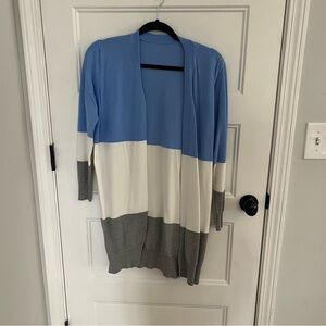 Colorblock Open Front Cardigan - Blue, White, and Gray